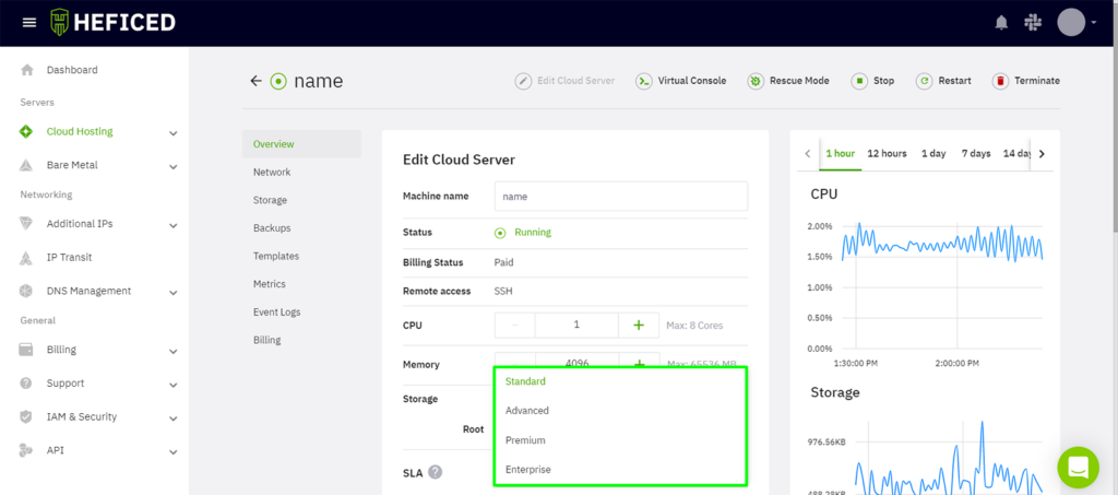 SLA options listed in Heficed's Edit Cloud Server menu.