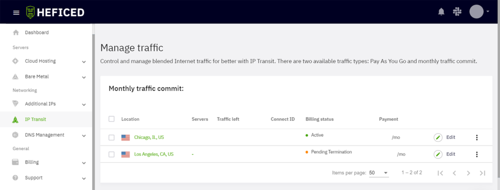 Manage traffic menu in Heficed's IP Transit menu.