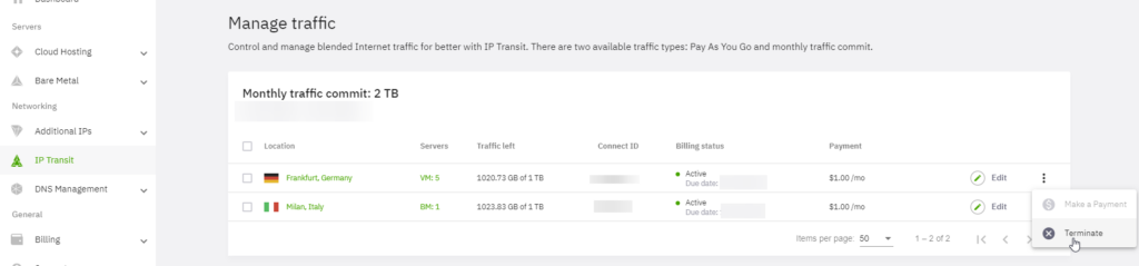 Terminate button to cancel IP Transit in the Heficed Manage traffic menu.