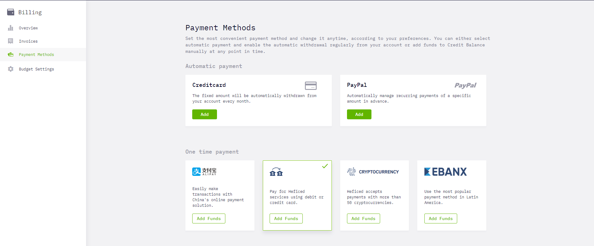 Payment Methods menu with Automatic payment and One time payment options.