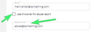 Abuse email field in the Heficed's Edit Organization menu.
