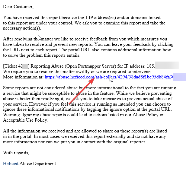 An arrow pointing to a hyperlink in the email from Heficed Abuse Department.
