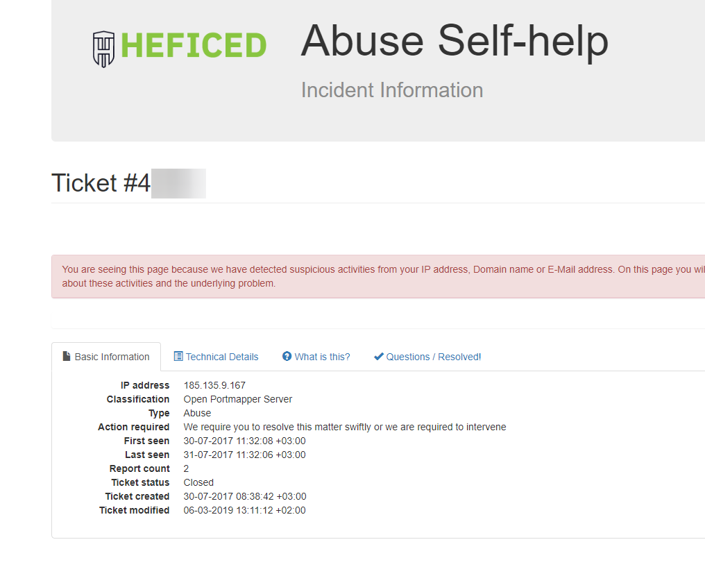Abuse ticket summary in the Heficed Abuse Self-help terminal.