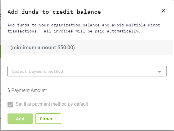 Add Funds menu in Heficed's Terminal to manage funds and credit balance.