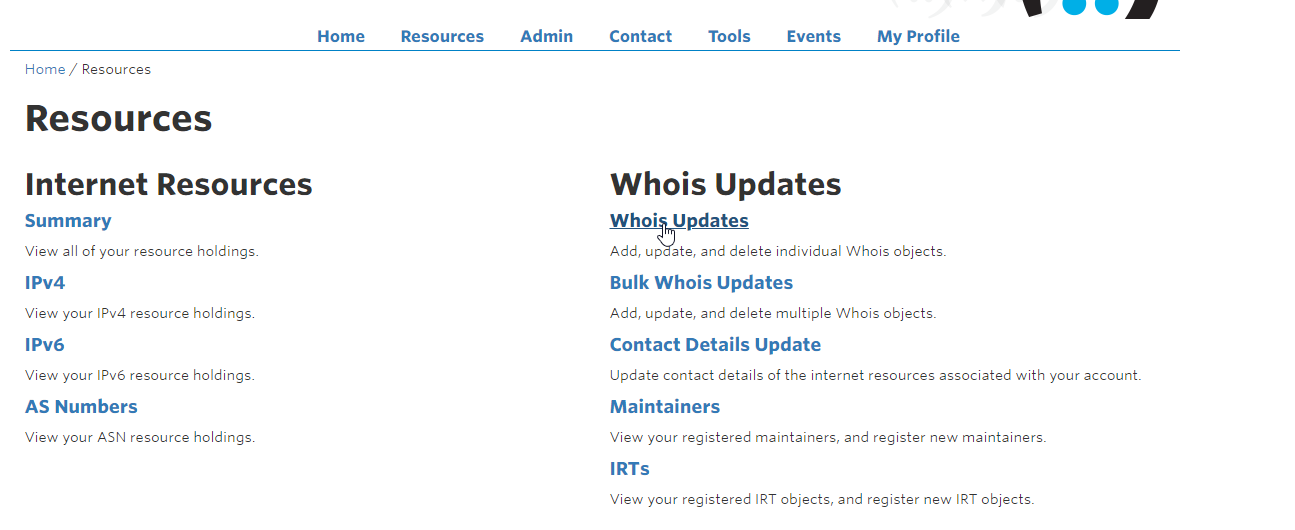 Click Whois Updates to set abuse contact in APNIC