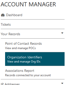 Organization Identifiers menu highlighted in ARIN's Account Manager menu.