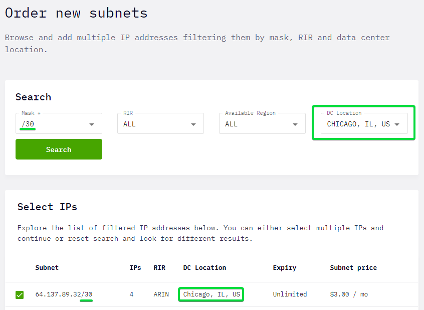 Order new subnets menu in Heficed's Terminal to find and select IP subnets.