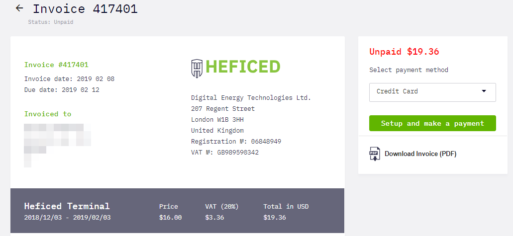 Heficed Invoice details with the option to set up a payment.