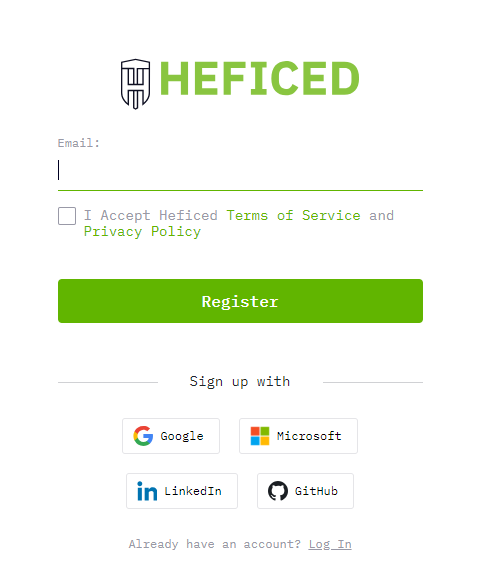 Heficed account registration form with the Register action button.
