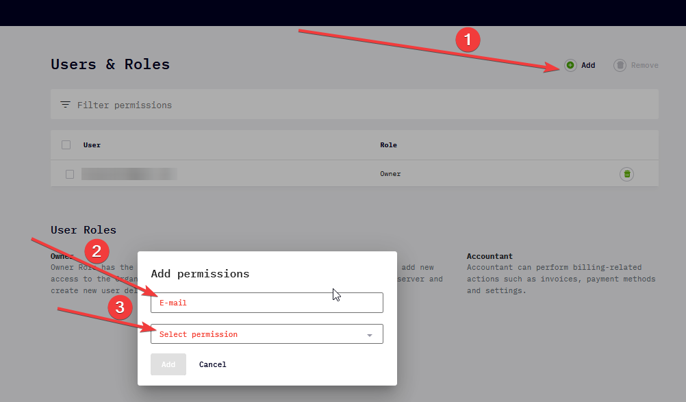 Add button in Heficed's Users & Roles menu and arrows pointing to email and permissions fields.