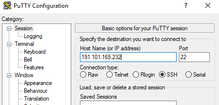 Host Name/IP address typed into PuTTY Configuration menu.