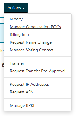 Actions drop-down menu with the Manage RPKI option in ARIN's Organization menu.