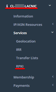 RPKI menu shortcut highlighted in LACNIC's dashboard.