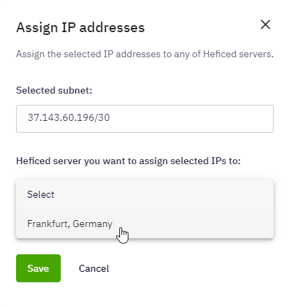 Assign IP addresses menu. Server location example.