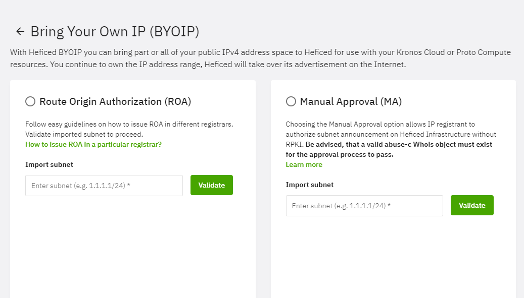 ROA and Manual Approval options presented via Heficed's BYOIP menu.