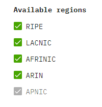 A list of Available regions for subnets and Heficed IP Address Market users.