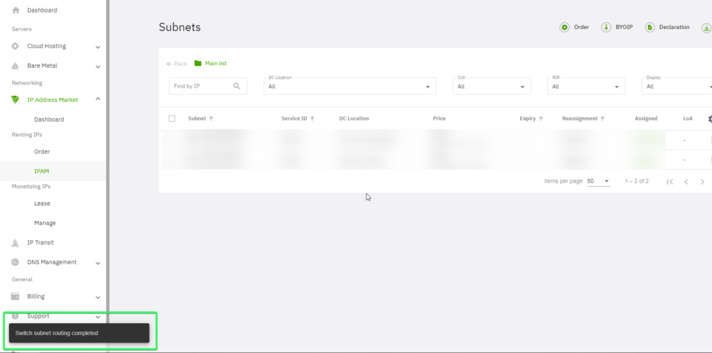 A list of Subnets in Heficed's IPAM menu.