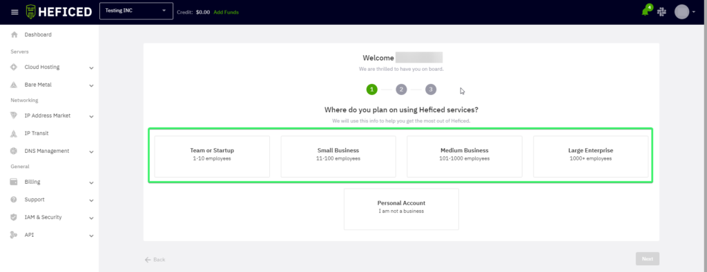 Welcome menu in Heficed's Terminal when creating a business organization.