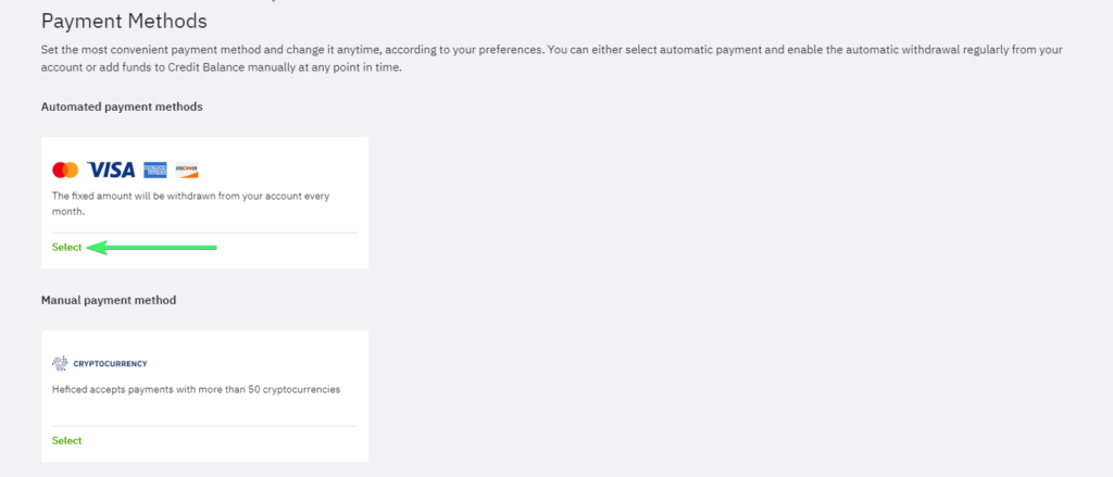 Automated payment methods menu to add and save payment card details.