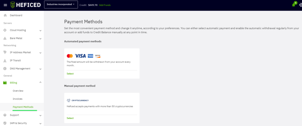 Payment Methods menu in Heficed's Terminal.