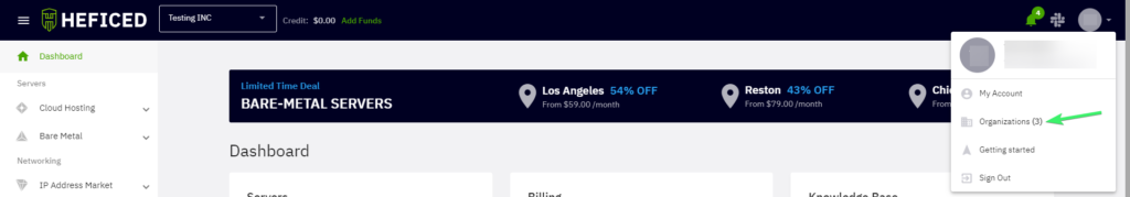 IP Address Market. Organizations option in Heficed's user drop-down menu.