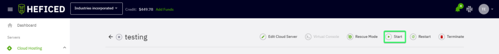 Start button highlighted in Heficed's Cloud Servers menu.