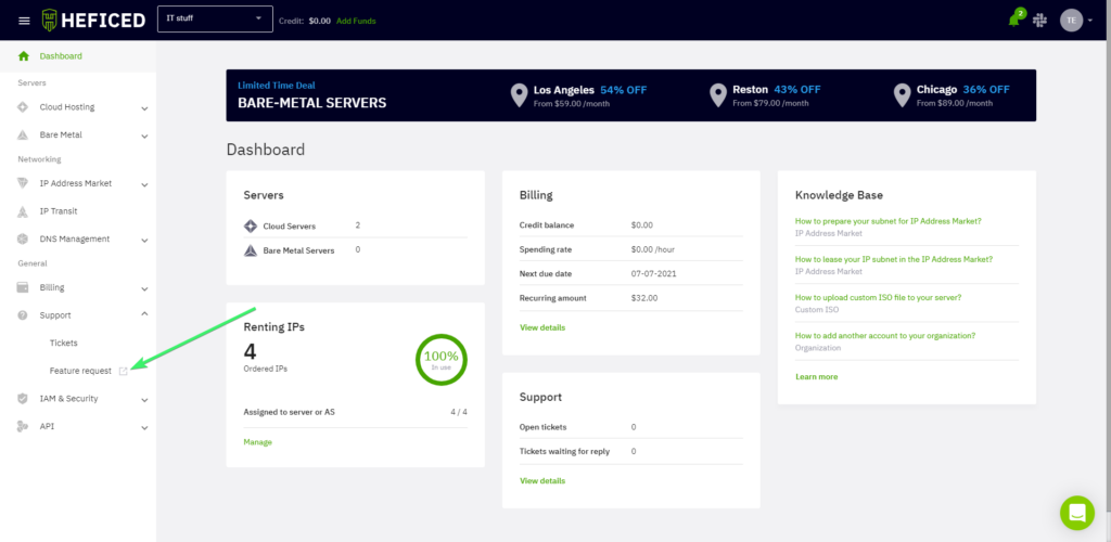 Feature request shortcut in Heficed Terminal's Dashboard. 