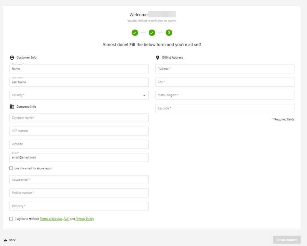 A business organization registration form in Heficed's Terminal.