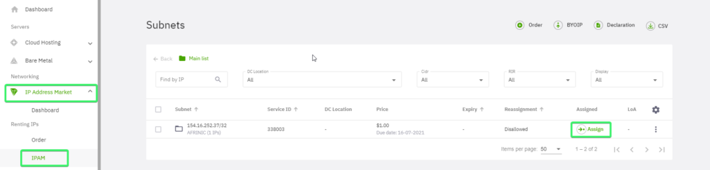 Assign button highlighted in Heficed's IP Address Market Subnets menu.