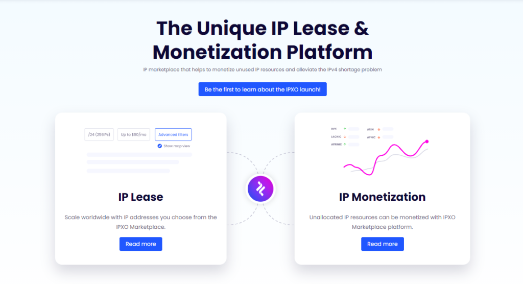 IPXO platform webpage demonstrating IP Lease and IP Monetization options.