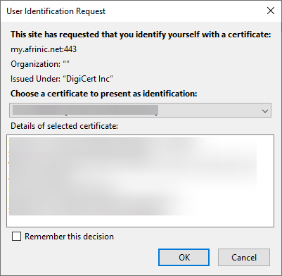 User Identification Request pop-up in AFRINIC's Resource Certification menu.
