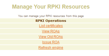 AFRINIC's Manage Your RPKI Resources menu with the Issue ROA option. 