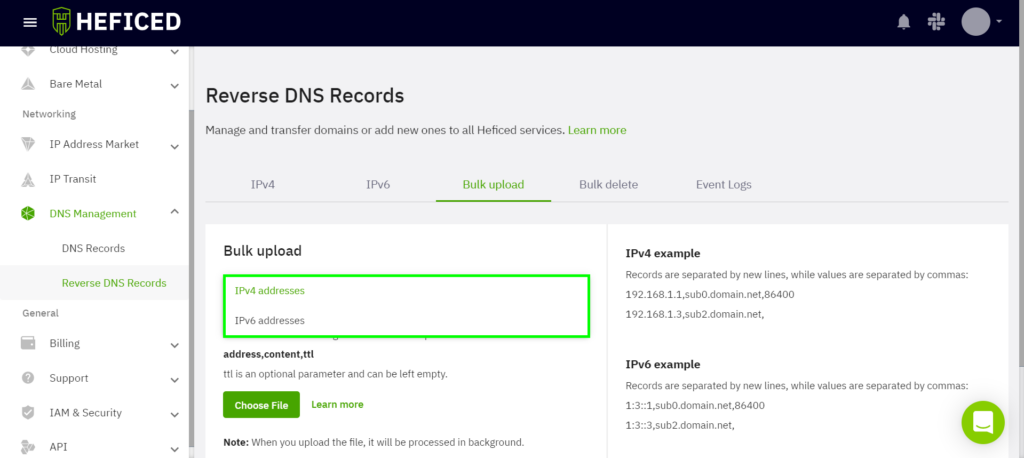Bulk upload tab in Heficed's Reverse DNS Records menu.