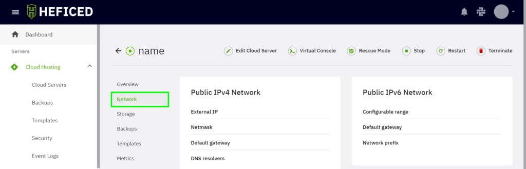 Network tab highlighted in Heficed's cloud server management panel.