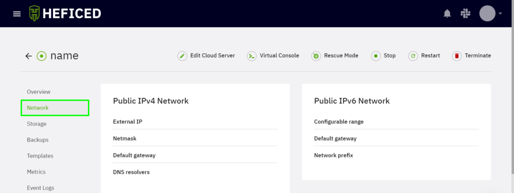 Network tab in the Heficed Terminal management panel.