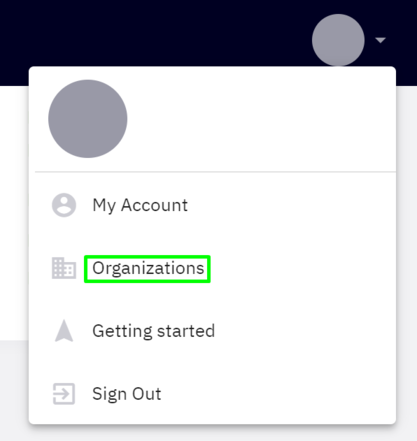 Highlighted shortcut to Heficed's Organizations menu in the user drop-down menu.