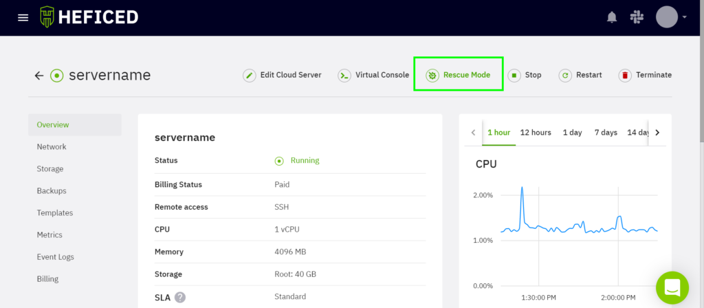 Rescue Mode button in Heficed's cloud server management panel.