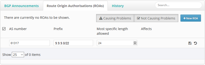 Menu where you can add AS number, prefix and specific length for new ROA.