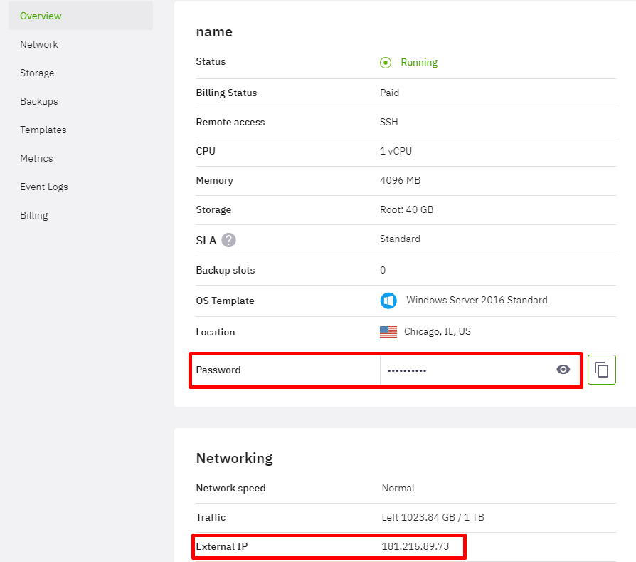 Password and External IP highlighted in Heficed's cloud server management panel, Overview tab.
