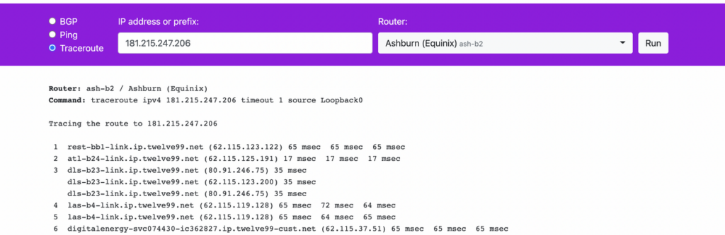 Traceroute results produced by Telia Carrier Looking Glass.