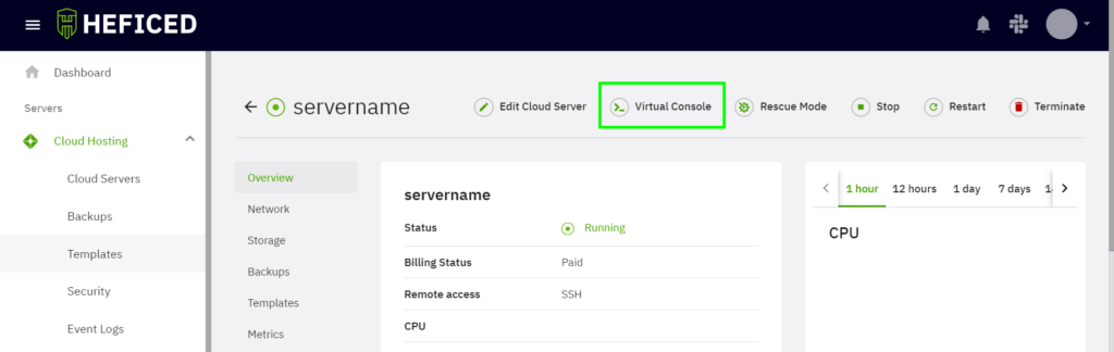 Virtual Console button in Heficed Terminal's cloud server management panel.