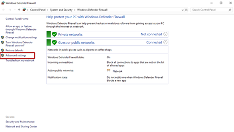 Advanced settings option highlighted in the Windows Defender Firewall menu.