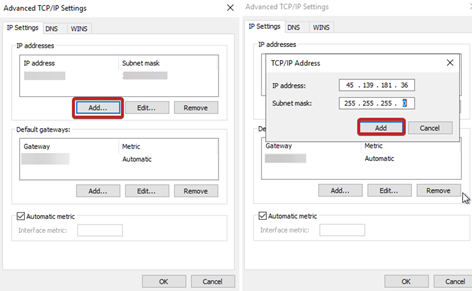 Add button highlighted in the Advanced TCP/IP Settings menu.