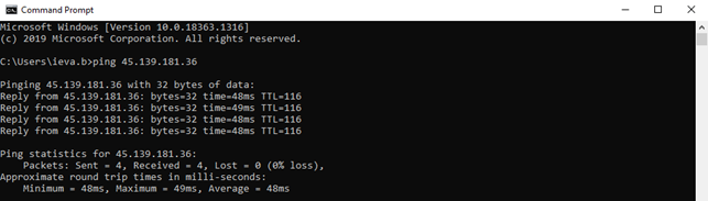 Windows Command Prompt showing that IP is pinging.