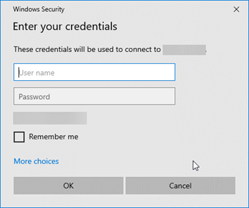 Enter your credentials form in Windows Security window.