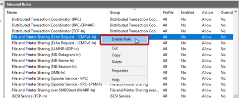 Enable Rule option highlighted in File and Printer Sharing right-click menu.