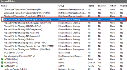 File and Printer Sharing (Echo Request - ICMPv4-In) option highlighted in Inbound Rules menu.