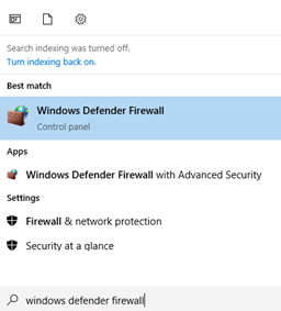 Windows Defender Firewall highlighted in the Windows search results list.