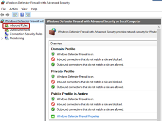 Inbound Rules option highlighted in the Windows Defender Firewall with Advanced Security menu.