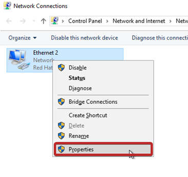 Properties option highlighted in the network interface right-click menu.